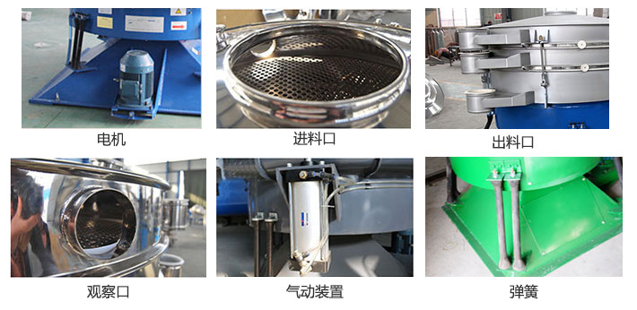 搖擺篩分機(jī)由進(jìn)料口，出料口，觀察口，電機(jī)，彈簧，氣動裝置等部件組成