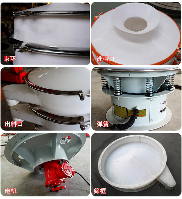 塑料防腐蝕振動篩細(xì)節(jié):進(jìn)料口，框體，網(wǎng)架底框，出料口等。