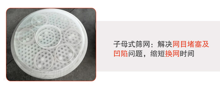 塑料防腐蝕振動篩采用子母扣式網(wǎng)架可安裝彈跳球進(jìn)行清網(wǎng)，解決篩網(wǎng)堵塞問題。